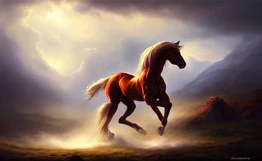 Image similar to a masterpiece oil painting of a proud horse galloping. wide angle, fantasy art, heroic lighting, by artgerm, fog, finger of god, amazing wallpaper