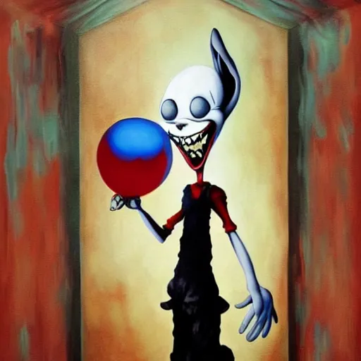 Image similar to grunge painting of bugs bunny with a wide smile and a red balloon by chris leib, loony toons style, pennywise style, corpse bride style, horror theme, detailed, elegant, intricate