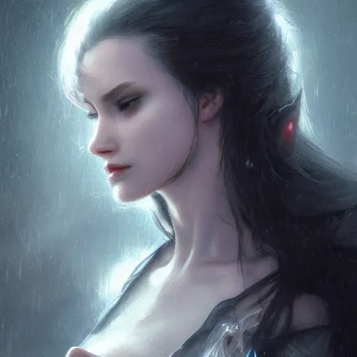 Prompt: female vampire, heavy rain, wind, thunder, reflections, deep focus, d & d, fantasy, intricate, elegant, highly detailed, digital painting, artstation, concept art, matte, sharp focus, illustration, hearthstone, art by artgerm and greg rutkowski and alphonse mucha