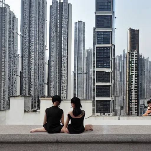 Image similar to a small rooftop with a couple of people sitting and watching the view, wearing black modern clothes, designed by rick owens, messy short hair, modern hong kong is on the background, sunset, by gregory crewdson