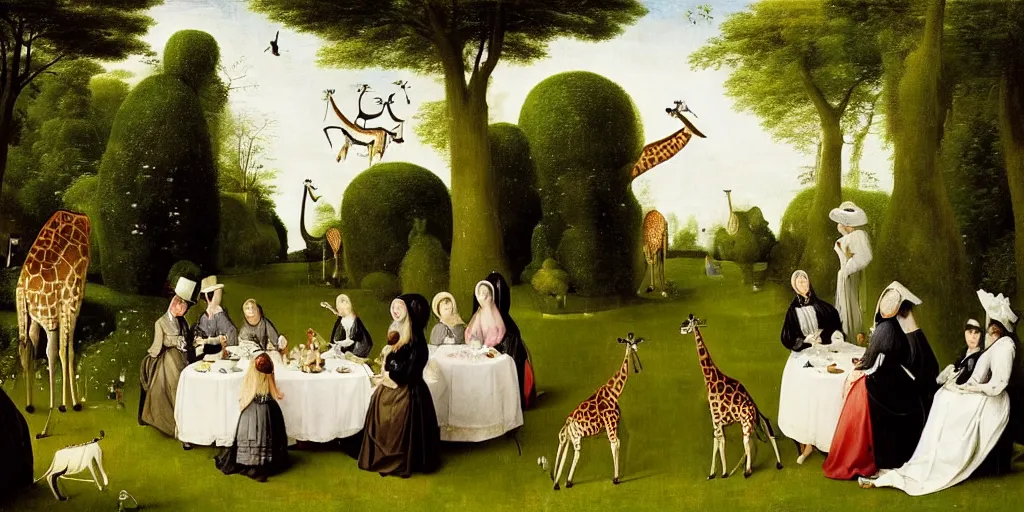 Image similar to elegant victorian tea party with giraffes in a topiary english garden, hyper realistic hieronymus bosch - h 7 6 8