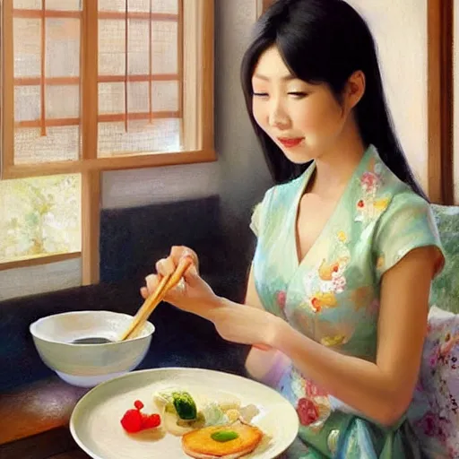 Prompt: beautiful Japanese wife making breakfast, painting by Vladimir Volegov