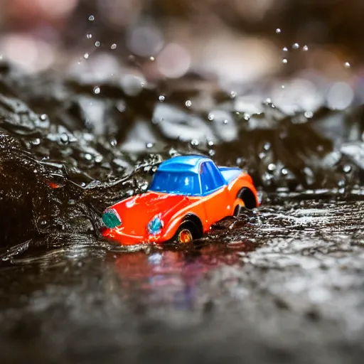 Image similar to macro photography of a toy hot wheels car driving through a creek in the rain, 3 5 mm