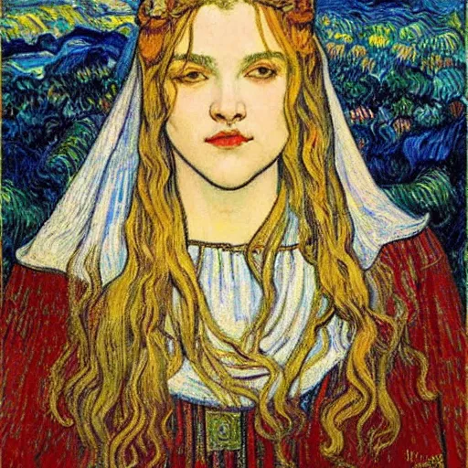 Image similar to detailed realistic beautiful young medieval queen face portrait by jean delville and vincent van gogh, art nouveau, symbolist, visionary, gothic, pre - raphaelite