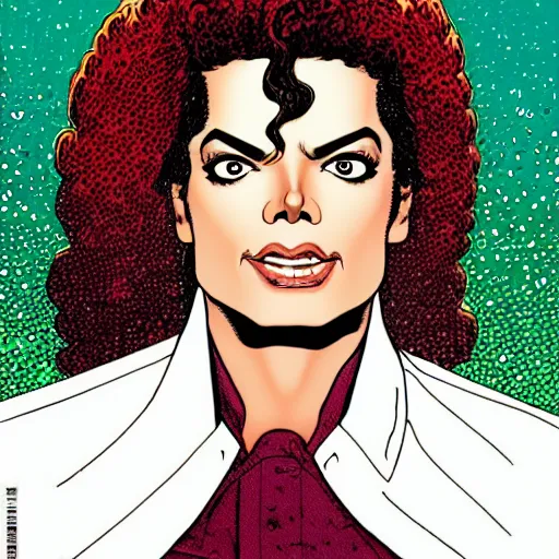 Image similar to dynamic macro head portrait of beautifu michael jackson super hero in white sequined jacket by john romita sr and cory walker and ryan ottley and jack kirby and barry windsor - smith, comic, illustration, photo real