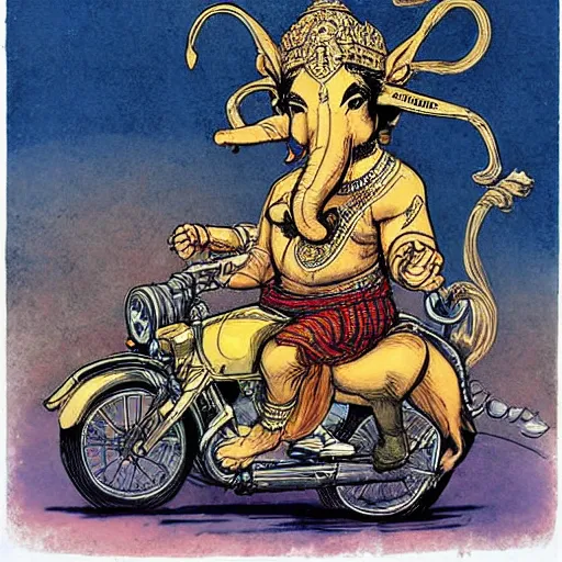 Image similar to ganesha riding a motorcycle, art by rebecca guay