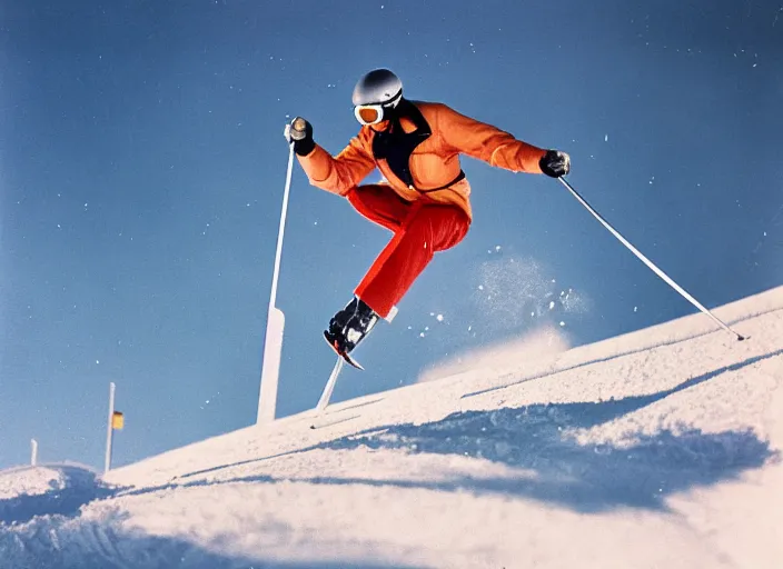 Image similar to a 2 8 mm macro kodachrome photo of a man skiing airborne off a ski jump with snow bursting behind him in the swiss alps in the 1 9 5 0's, seen from a distance, bokeh, canon 5 0 mm, cinematic lighting, film, photography, golden hour, depth of field, award - winning