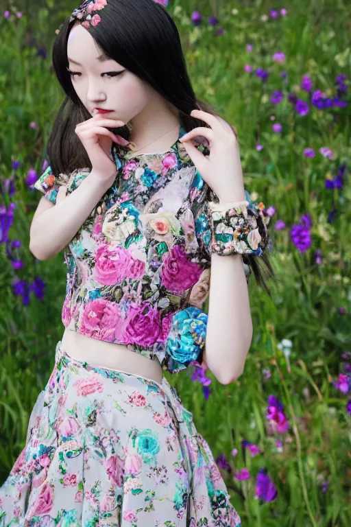 Image similar to runaway cybernetic floral fashion teen girl in fantasy dresses antediluvian traditional patterned blouse zine beautiful photography, ghibli akira xenogears ethereal bright fashion zine