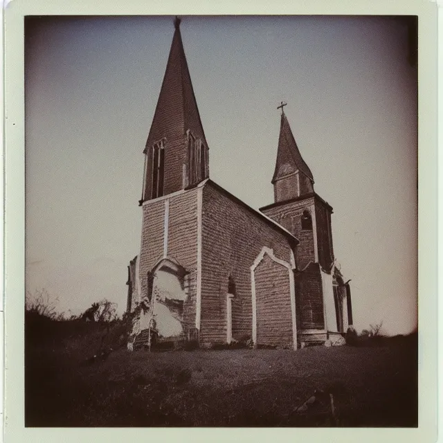 Image similar to very beautiful polaroid photo of a disintegrating church