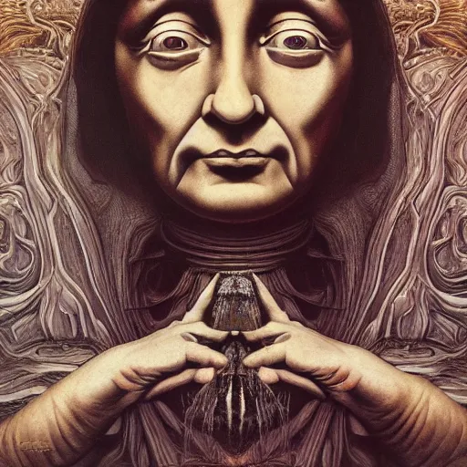 Image similar to monalisa by jacek yerka, alex gray, zdzisław beksiński, dariusz zawadzki, jeffrey smith and h.r. giger, oil on canvas, 8k highly professionally detailed, trending on artstation