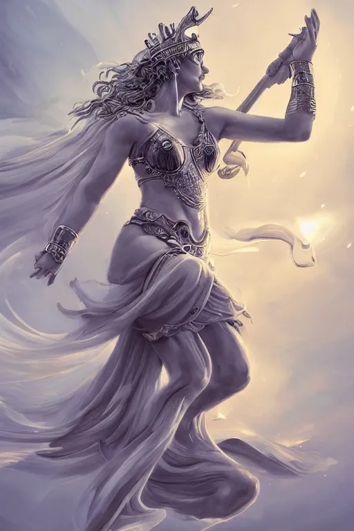 Image similar to goddess athena dancing in the wind, zodiac knight, beautiful, ethereal, gorgeous, volumetric lighting, elegant, fluid, highly detailed, digital painting, concept art, highly detailed, smooth, illustration, limited color palette, atmosphere and tension, trending on artstation