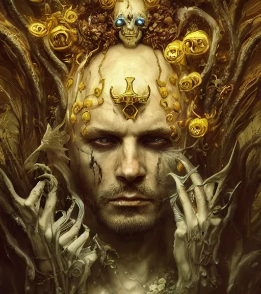 Prompt: portrait of the king of the underworld, surrounded by skulls and overgrowth by karol bak, Tomasz Alen Kopera, James Jean, tom bagshaw, rococo, trending on artstation, cinematic lighting, hyper realism, octane render, 8k, hyper detailed.