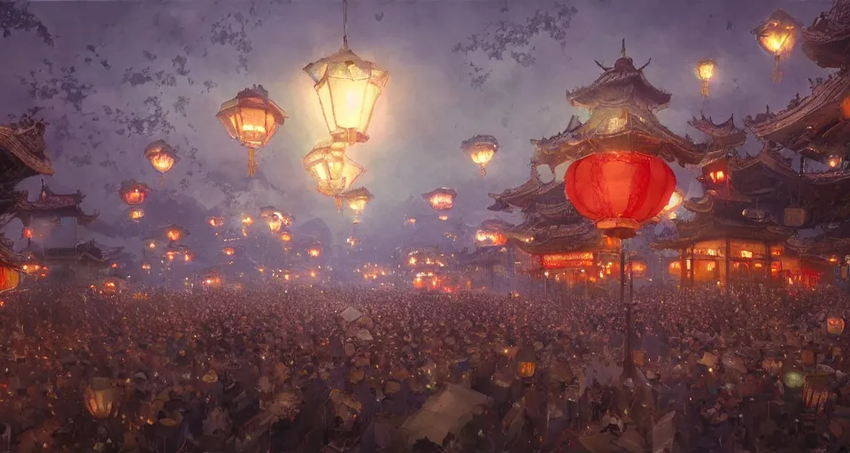 Prompt: craig mullins and ghibli digital art of zhongyuan festival in china ， lanterns in the sky, black night sky, stars, below is the crowd, rivers, villages ， unreal engine, hyper realism, realistic shading, cinematic composition, realistic render, octane render, detailed textures, photorealistic, wide shot