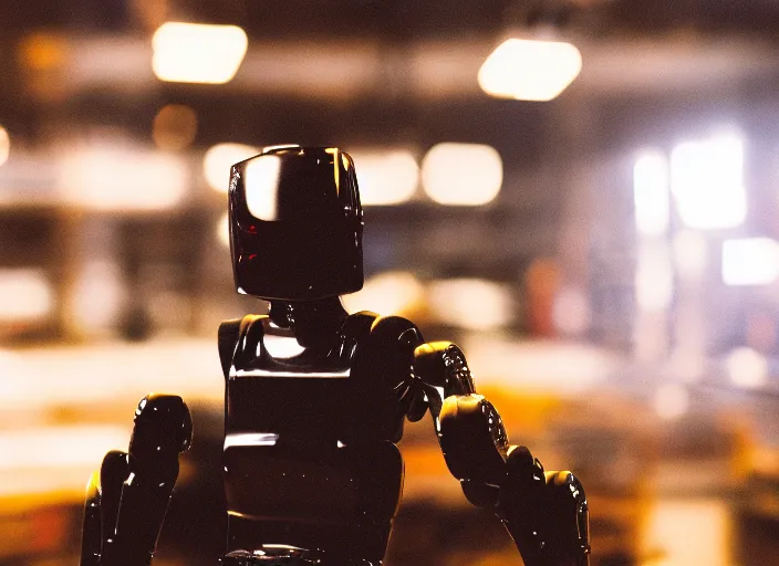 Image similar to a 3 5 mm photo of a robot in a factory, bokeh, canon 5 0 mm, cinematic lighting, film, photography, golden hour, depth of field, award - winning