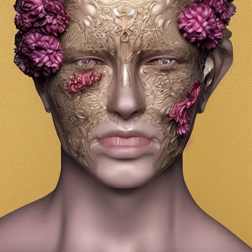 Image similar to beatifull face portrait of a woman, 150 mm, anatomical, flesh, flowers, mandelbrot fractal, facial muscles, veins, arteries, intricate, golden ratio, full frame, microscopic, elegant, highly detailed, ornate, ornament, sculpture, elegant , luxury, beautifully lit, ray trace, unreal, 3d, PBR, in the style of peter Gric , alex grey and Romero Ressendi