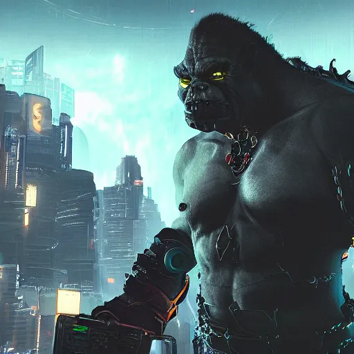 Prompt: cyberpunk boss fight giant orc