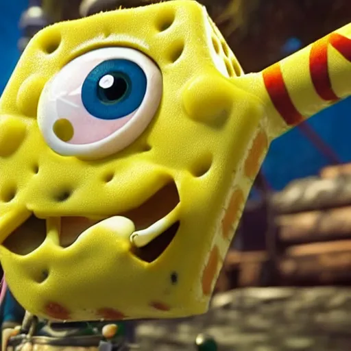 Image similar to emma watson as spongebob spongebob in the witcher 3, movie still, cinematic lighting, dramatic, octane render, long lens, shallow depth of field, bokeh, anamorphic lens flare, 8 k, hyper detailed, 3 5 mm film grain