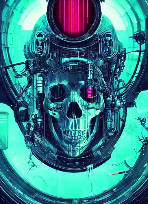 Image similar to a futuristic skull with glowing eyes and a wormhole tunnel cyberpunk art by android jones, cyberpunk art by beeple!!!!, featured on artstation, darksynth, synthwave