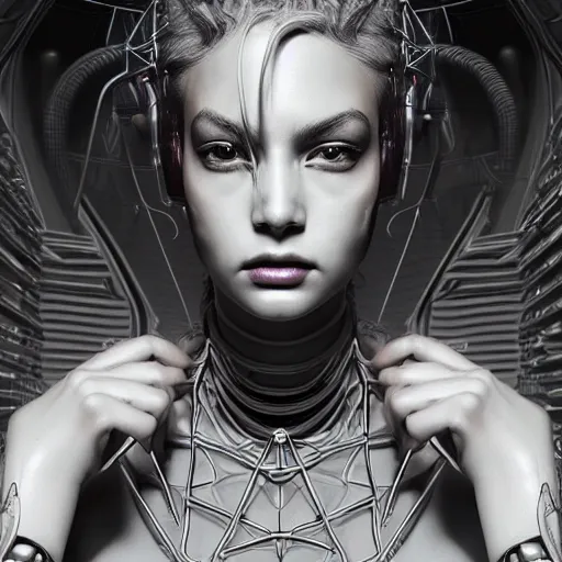 Image similar to the portrait of an absurdly beautiful, graceful, elegant, sophisticated, fashionable cyberpunk gravure idol, an ultrafine hyperdetailed illustration by irakli nadar, intricate linework, bright colors, porcelain skin, unreal engine 5 highly rendered, global illumination, radiant light, detailed and intricate environment
