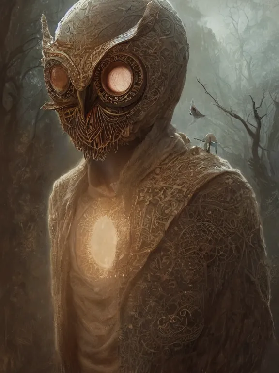 Prompt: a ultradetailed beautiful concept art of a strange human, hiding his face with an intricate wooden mask of an owl, high resolution 4 k, by tom bagshaw, greg rutkowski, charli bowater