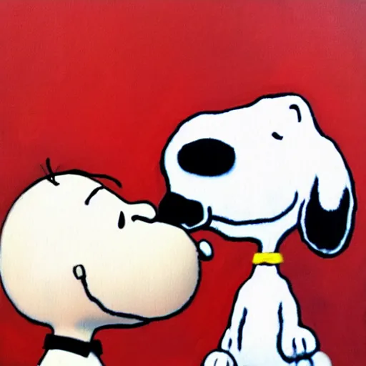 Image similar to Charlie Brown and Snoopy, oil paint