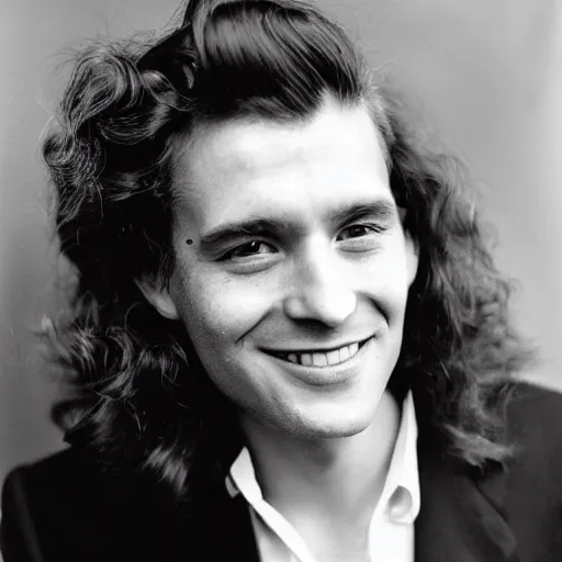 Prompt: wide-angle portrait of a typical person with waist-length incredible hair by Richard Avedon, gelatin silver finish, friendly eyes, smiling male, nd4, 85mm, perfect location lighting