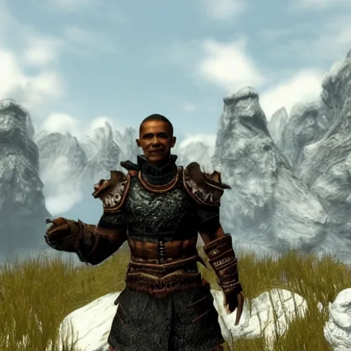 Prompt: a screenshot of barack obama in skyrim