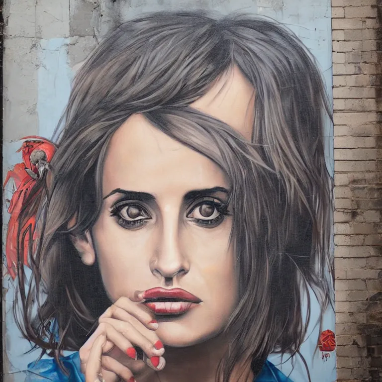 Image similar to Street-art portrait of Penélope Cruz Sánchez in style of Etam Cru, photorealism