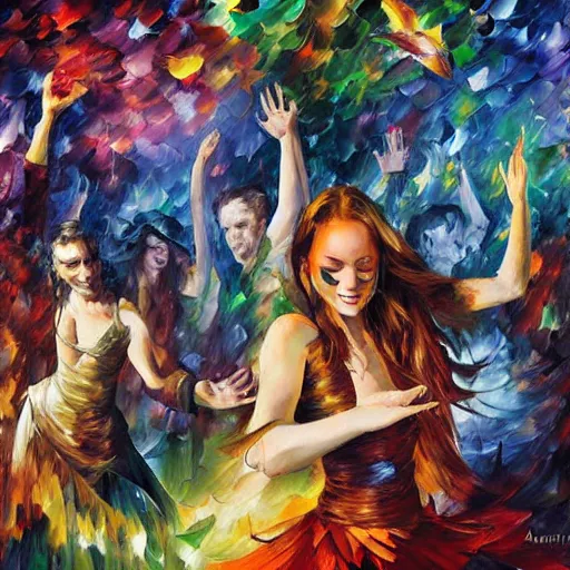 Prompt: rave dance party by arthur adams, charlie bowater, leonid afremov, chiho ashima, karol bak, david bates, tom chambers