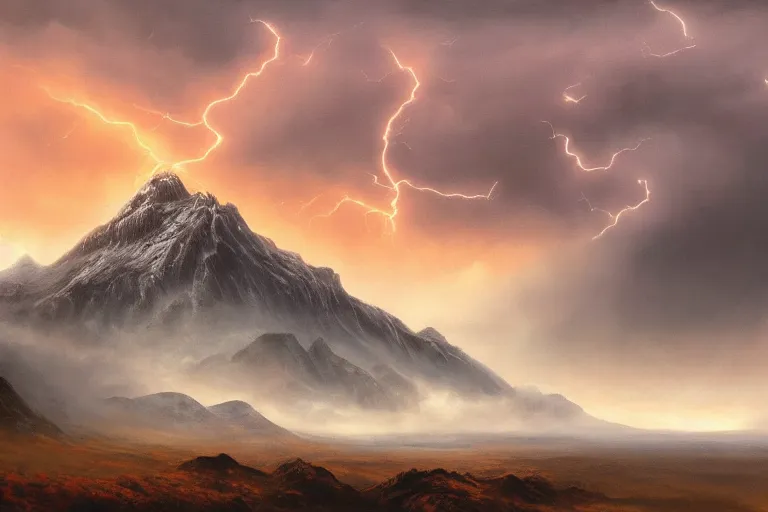 Prompt: a cinematic landscape photograph of a mountains peak in the clouds, a fiery dragon flys in the sky, thunder and lightning, lee madgwick, 8 k, hd, high resolution, 3 5 mm, f / 3 2, tenet