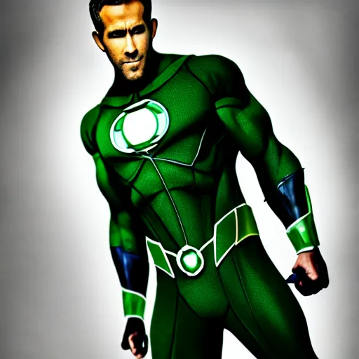 Image similar to Ryan Reynolds full shot modeling as Green Lantern, (EOS 5DS R, ISO100, f/8, 1/125, 84mm, postprocessed, crisp face, facial features)