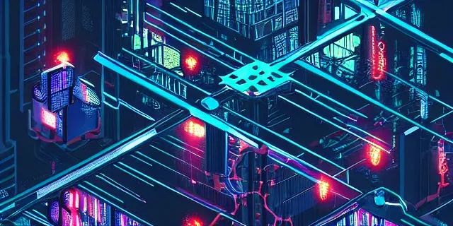 Prompt: glowing chains of interconnected network of technological cubes floating in the middle of a cyberpunk tokyo 2 0 9 9 city, in the art style of dan mumford and marc simonetii, atmospheric lighting, intricate, volumetric lighting, beautiful, sharp focus, ultra detailed