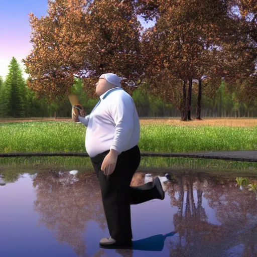 Image similar to a slightly overweight male pastor, walking by a pond, eating a sandwich, 3d render, cinematic shot, hyper realistic