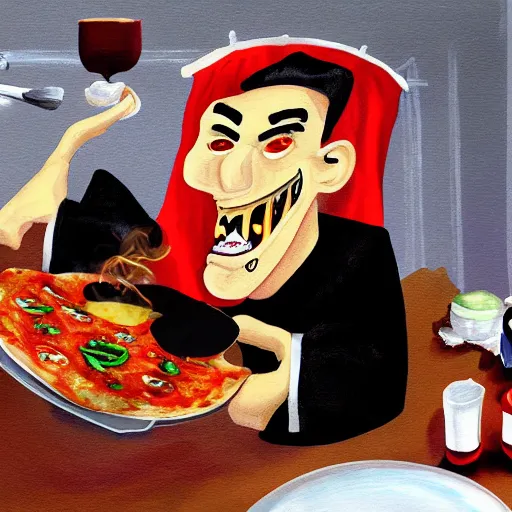 Prompt: time lapse painting of dracula cooking pizza
