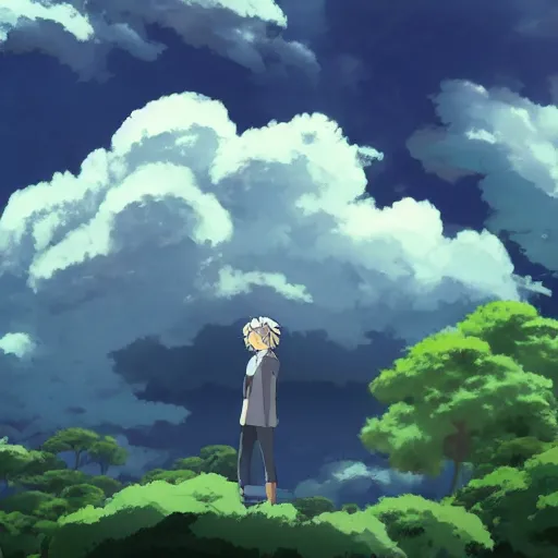 Prompt: friendly guy with Fragile looking portrait face stormy clouds made by Studio Ghibli highly detailed art, beautiful scene, sharp focus, smooth, 8k, anime art