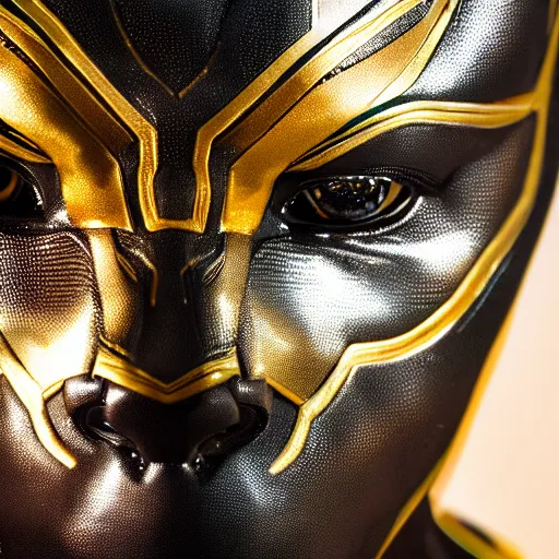 Image similar to a close up photo of a detailed golden statue of Black Panther, 8K,