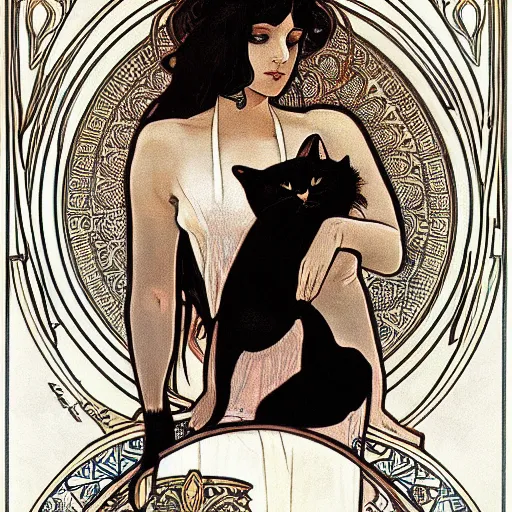 Prompt: beautiful, gorgeous art nouveau drawing of a black egyptian cat by alphonse mucha, impressive, wonderful, very detailed, perfect anatomy, symmetrical, trending on artstation, masterpiece