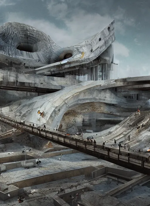 Image similar to virtual art exhibition, architecture installation in biennale venezia, bioremediation white mining tailing futuristic horizontal architecture, epic, cinematic, hyperealistic, high detailed, corona render, hdr, ray tracing