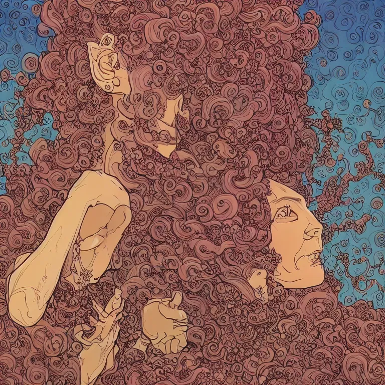 Image similar to portrait of a woman with swirling hair and fractal skin by geof darrow, retrofuturism, psychedelic art reimagined by industrial light and magic