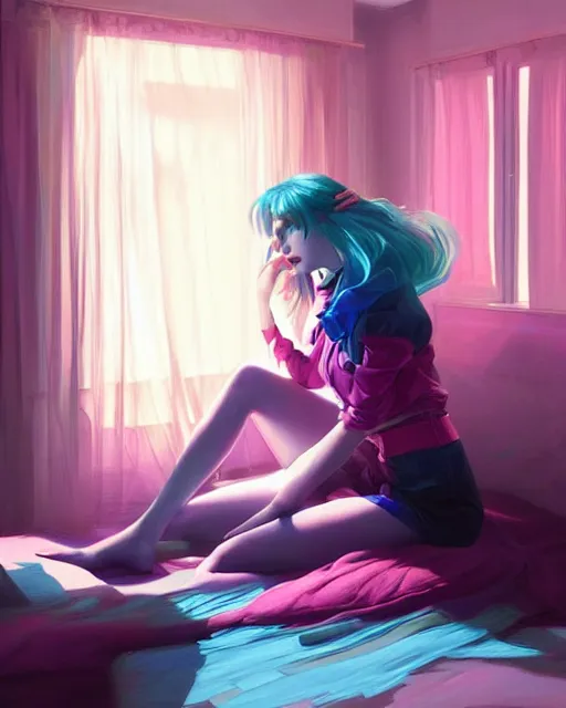 Image similar to emily rajtkowski, emo, posing, vaporwave colors, modern bedroom!!!!!, highly detailed, digital painting, artstation, concept art, smooth, sharp focus, illustration, art by artgerm and greg rutkowski and alphonse mucha