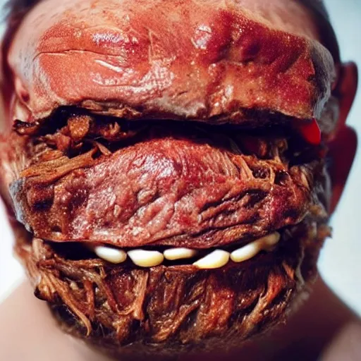 Prompt: man's face with skin that looks like pulled pork