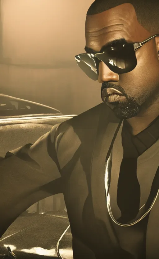 Image similar to Portrait of Kanye West as James Bond in Fallout New Vegas, splash art, movie still, cinematic lighting, dramatic, octane render, long lens, shallow depth of field, bokeh, anamorphic lens flare, 8k, hyper detailed, 35mm film grain