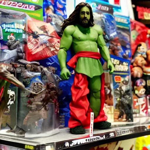 Image similar to Jesus vs Godzilla action play figures in a plastic toy bag