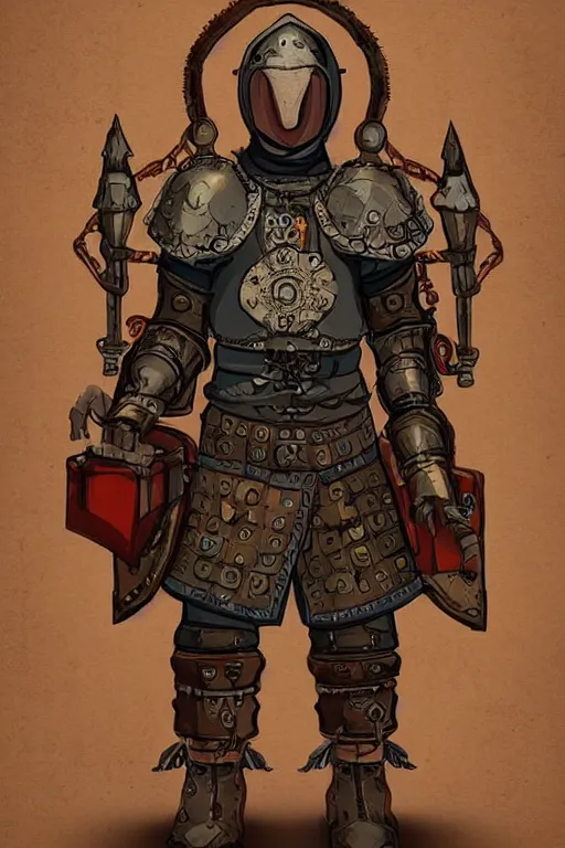 Image similar to beautiful calm bright ai generated fullbody character illustration of a medieval timetraveller highpriest in ornated wooden armor and decorated sacred outfit and heavily equipped with steampunk cyberwares. rendered by machine.delusions. inspired by: @machine.delusions on instagram. Slightly reminds to ghibli studio style. Fullbody portrait uncut centered cinematic, dramatic pose