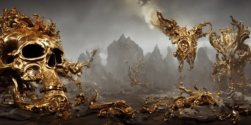 Prompt: white bird skulls, gold ram skulls, copper goat skulls, grand imposing powerful sculpture. swirls of mist. occult photorealism, uhd, amazing depth, volumetric lighting, cinematic lighting. epic landscape.