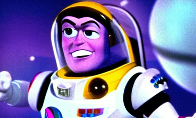 Image similar to full - color cinematic movie still from a 1 9 6 8 science - fiction film by stanley kubrickstarring buzz lightyear in a space - station. detailed facial - features ; epic ; artistic ; oscar - winning.