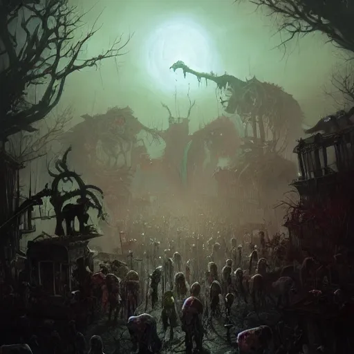 Image similar to A hoard of zombies approaching, Scary, Moonlit Night, 8k resolution matte fantasy painting, cinematic lighting, DeviantArt, Artstation, Jason Felix Steve Argyle Tyler Jacobson Peter Mohrbacher