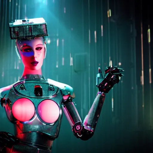 Prompt: beautiful romantic seductive robot android woman with bright lipstick sings on stage in a dimly lit futuristic nightclub, dark city, twilight zone