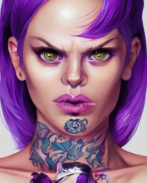 Prompt: beautiful famel purple hair tattoos symmetrical face eyes full body fantasy art icon, 3 d art gta 5 cover, official fanart behance hd artstation by jesper ejsing, by rhads, makoto shinkai and lois van baarle, ilya kuvshinov, rossdraws