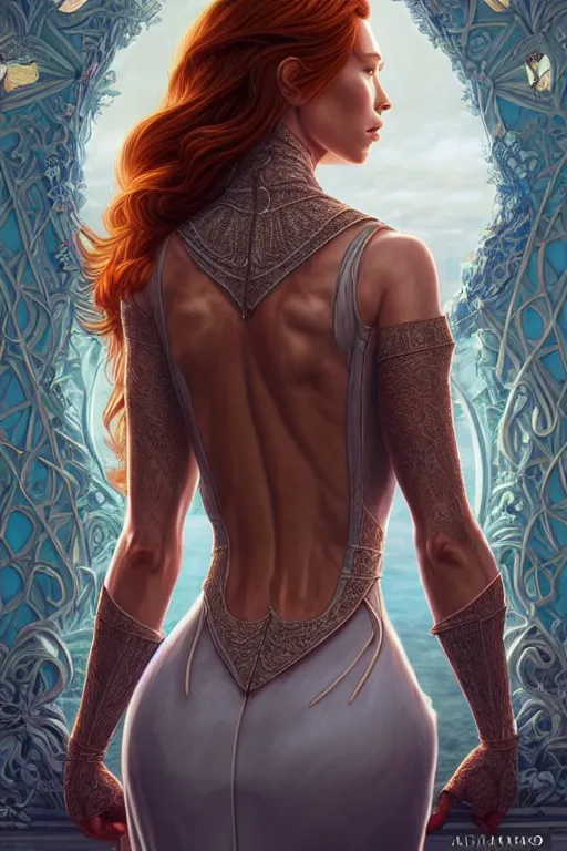 Image similar to symmetry!! intense fanart of back pose of redhead jessica biel as acotar protagonist, intricate, < < < hyper detailed background!!!! > > >, elegant dress, highly detailed, my rendition, digital painting, artstation, concept art, smooth, sharp focus, illustration, art by artgerm, by hajime sorayama